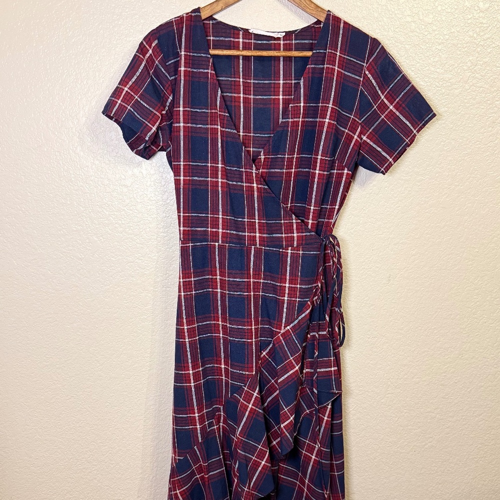 Lush Red white and blue plaid, wrap high low dress, M